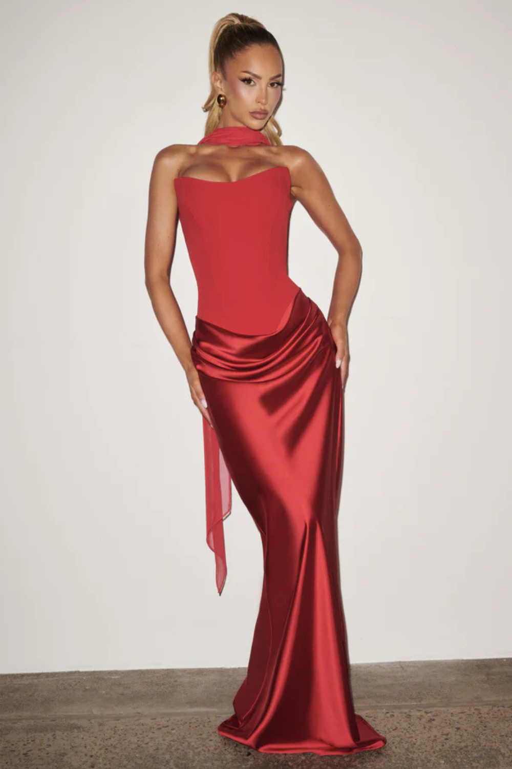 Pauline Bertrand | Strapless Corset Satin Maxi Dress – Hourglass Draped Formal Evening Gown
