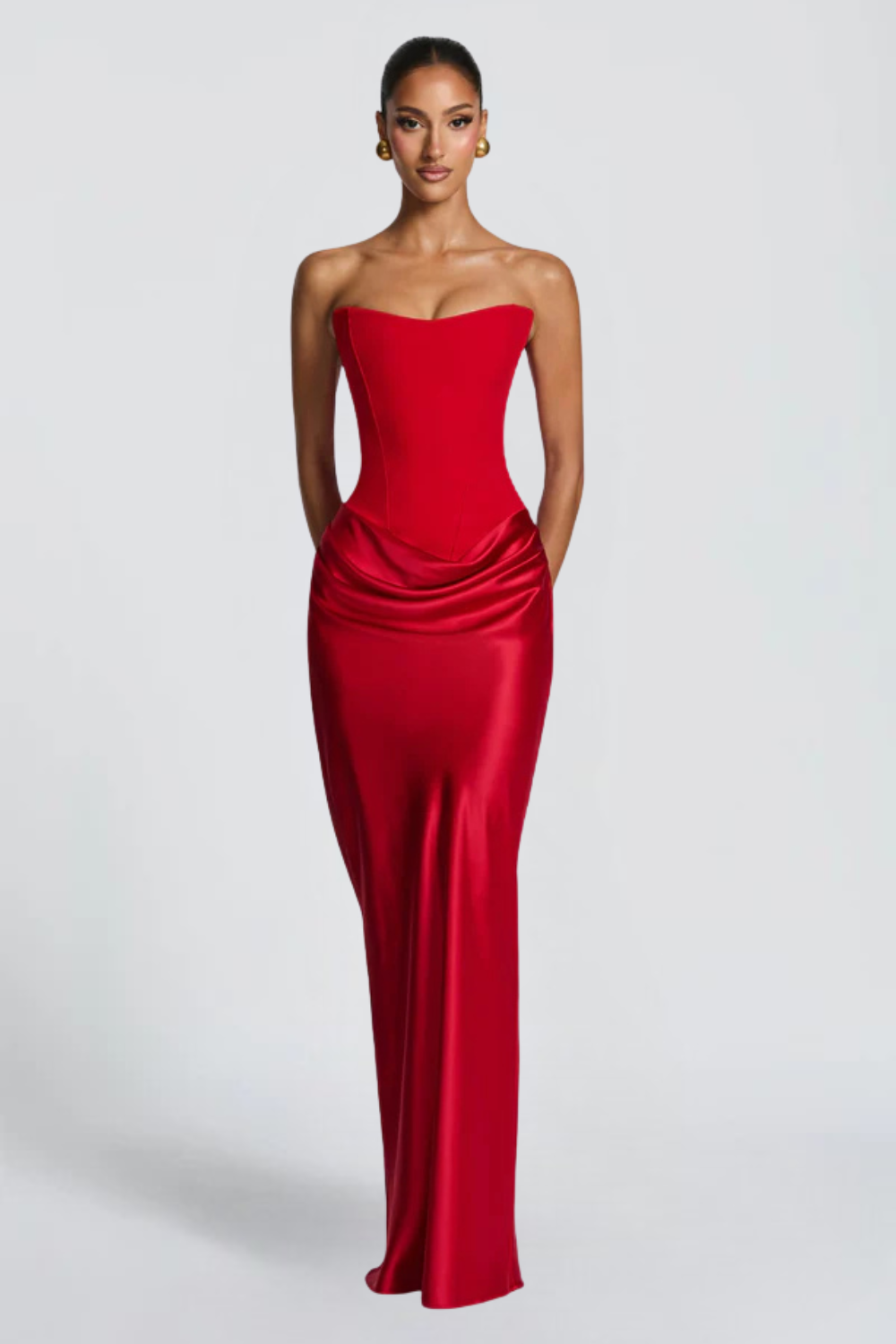 Pauline Bertrand | Strapless Corset Satin Maxi Dress – Hourglass Draped Formal Evening Gown