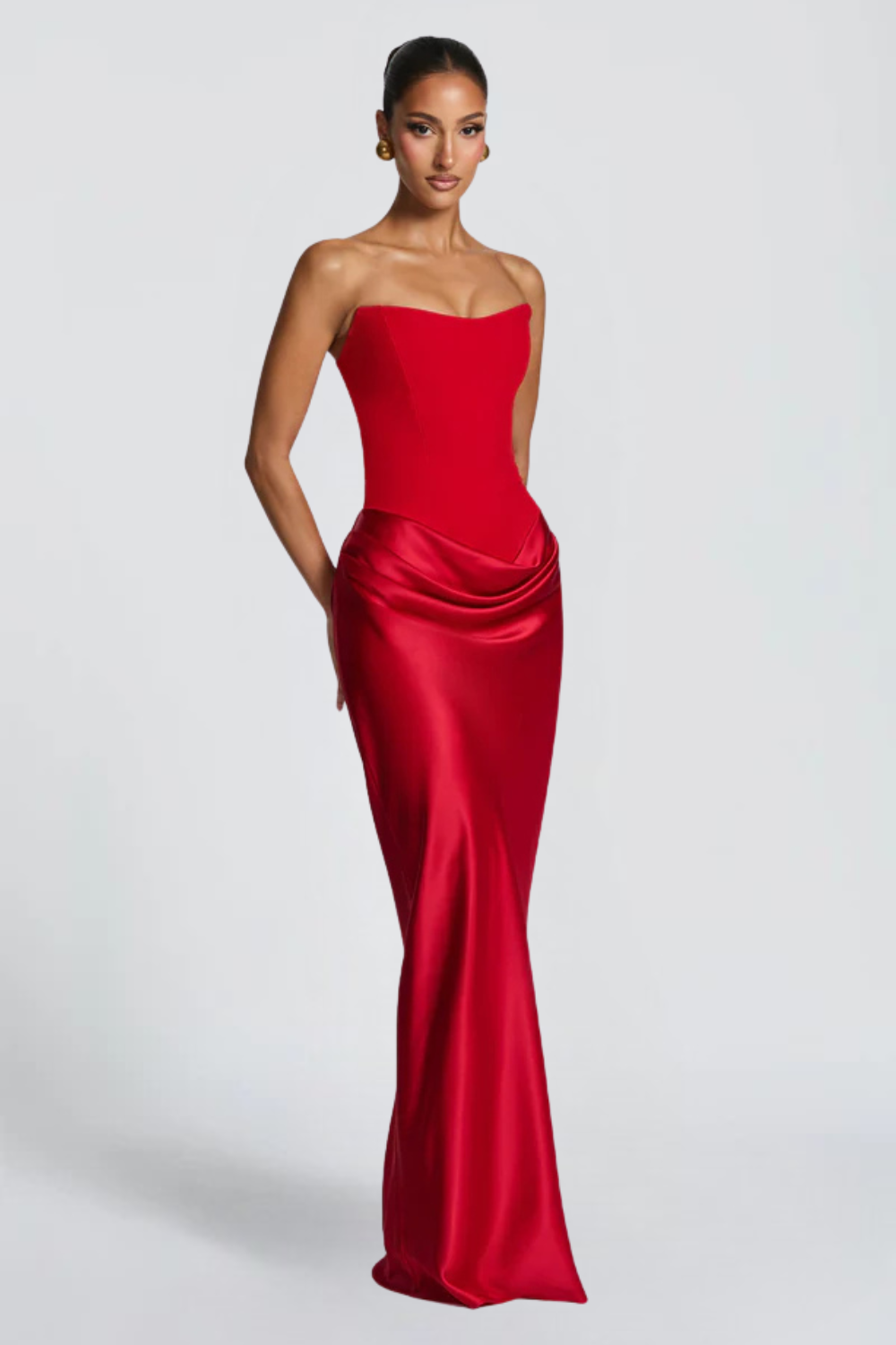 Pauline Bertrand | Strapless Corset Satin Maxi Dress – Hourglass Draped Formal Evening Gown