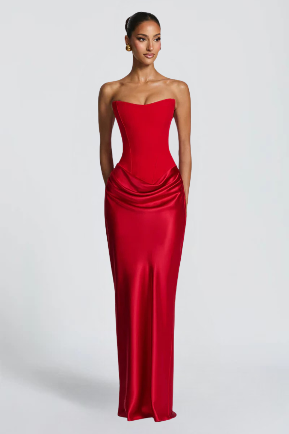 Pauline Bertrand | Strapless Corset Satin Maxi Dress – Hourglass Draped Formal Evening Gown
