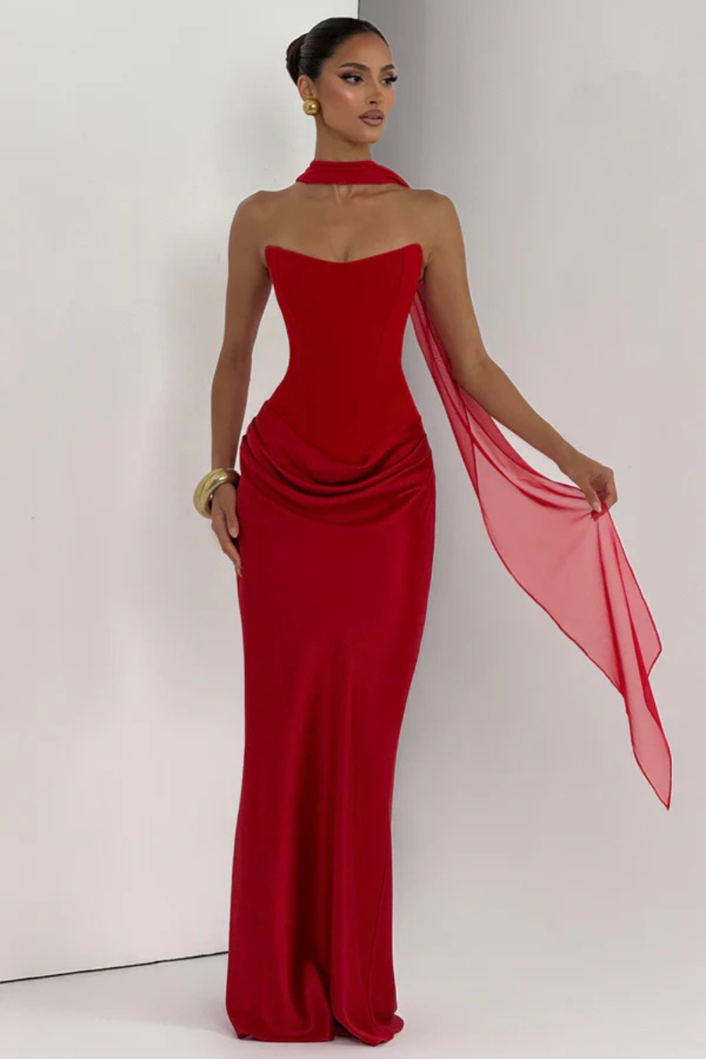Pauline Bertrand | Strapless Corset Satin Maxi Dress – Hourglass Draped Formal Evening Gown