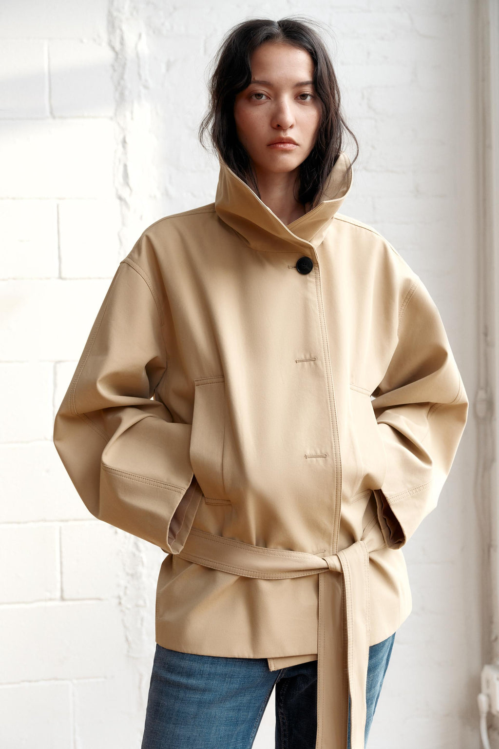 Justine Faure | Women's Short Belted Trench Coat – Light Brown Oversized Cotton Trench Jacket