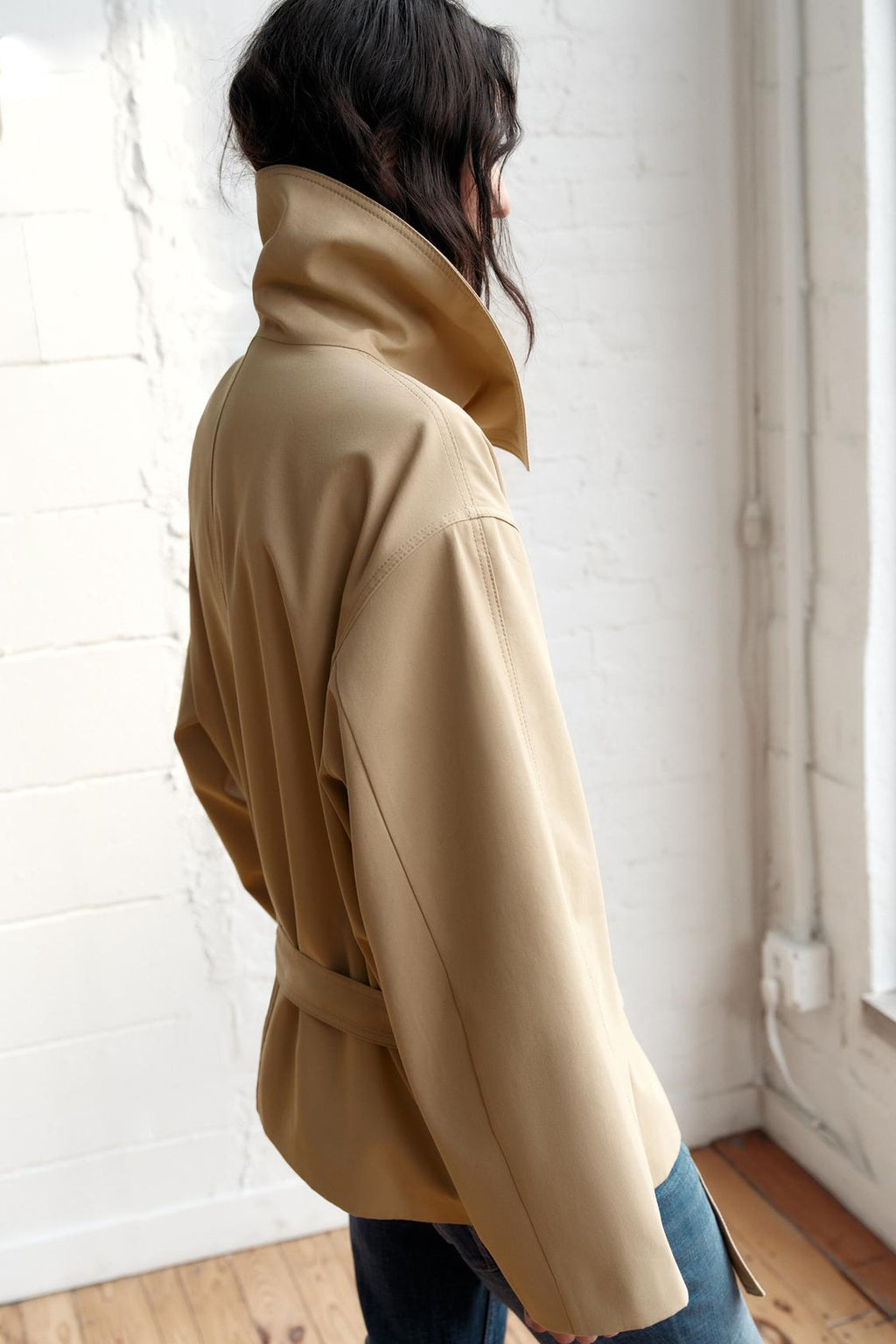 Justine Faure | Women's Short Belted Trench Coat – Light Brown Oversized Cotton Trench Jacket