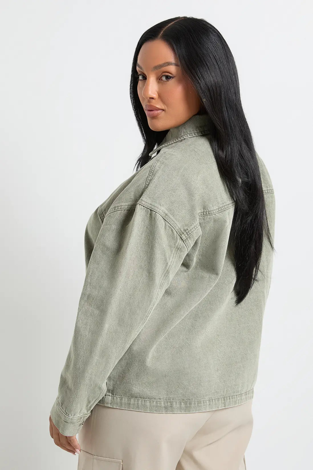 Clara Mercier | Women's Washed Denim Jacket – Sage Green Oversized Boxy Jean Jacket