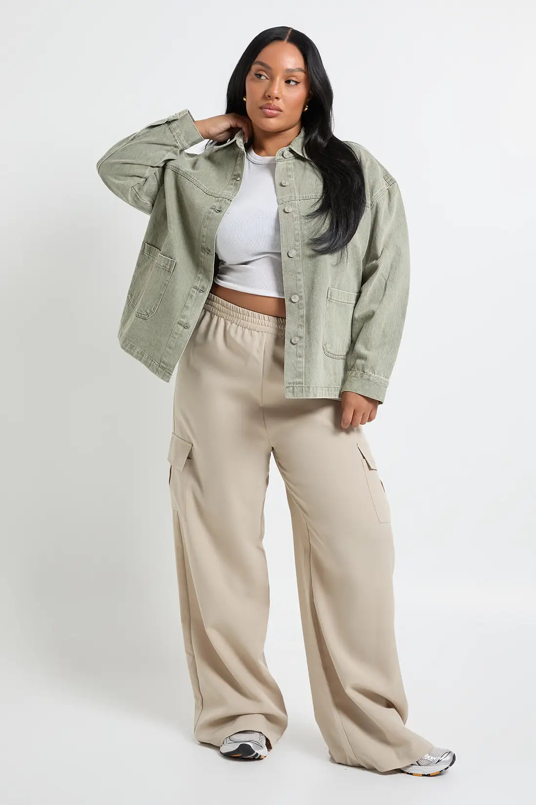 Clara Mercier | Women's Washed Denim Jacket – Sage Green Oversized Boxy Jean Jacket