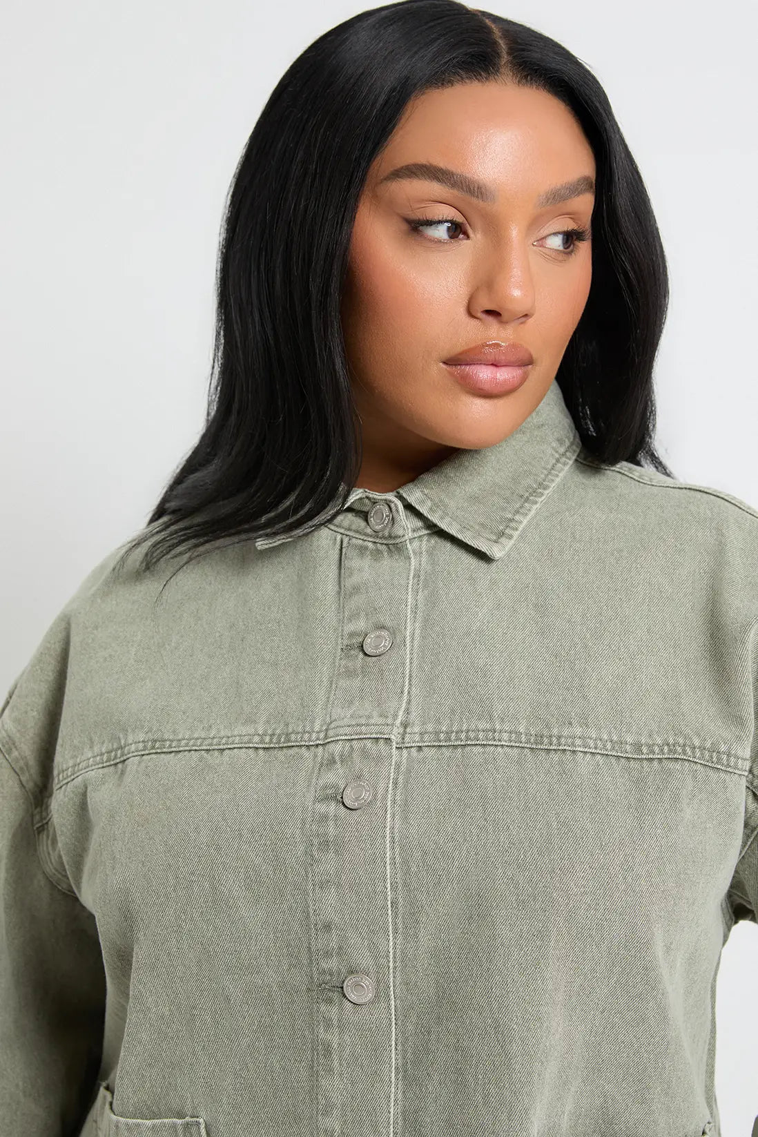 Clara Mercier | Women's Washed Denim Jacket – Sage Green Oversized Boxy Jean Jacket