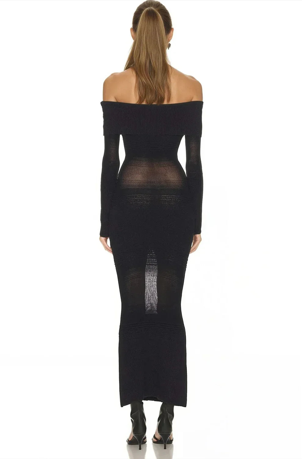 ESTELLE DE MONTBRIAL | Black Sheer Knit Maxi Dress – Off Shoulder Long Sleeve Fitted Column Gown
