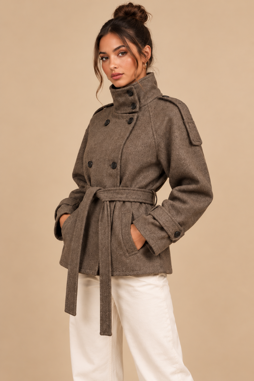 Océane Lefèvre | Women's Belted Double-Breasted Coat – Taupe Tailored Trench Coat with Stand Collar