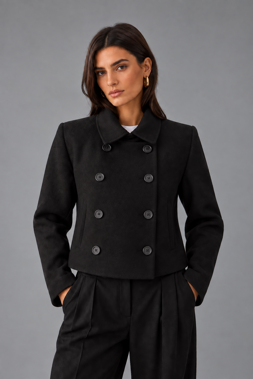 Agathe Henry | Women's Black Cropped Jacket – Double-Breasted Short Pea Coat