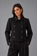 Agathe Henry | Women's Black Cropped Jacket – Double-Breasted Short Pea Coat