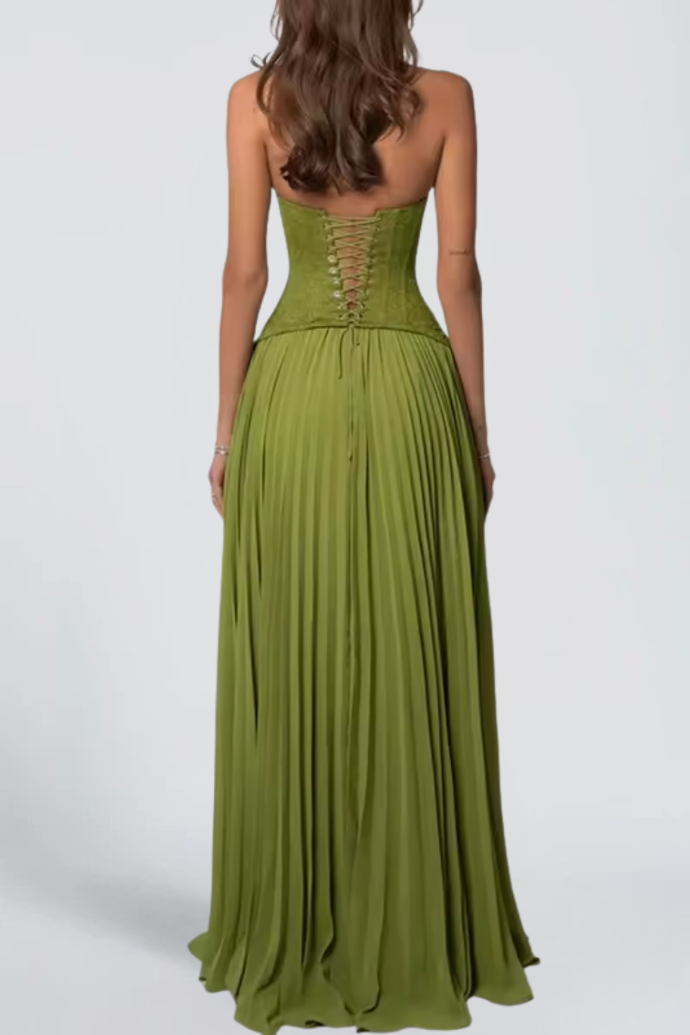 Claire Michel | Halter Corset Maxi Dress – Plunge Neck Pleated Skirt Flowy Evening Gown