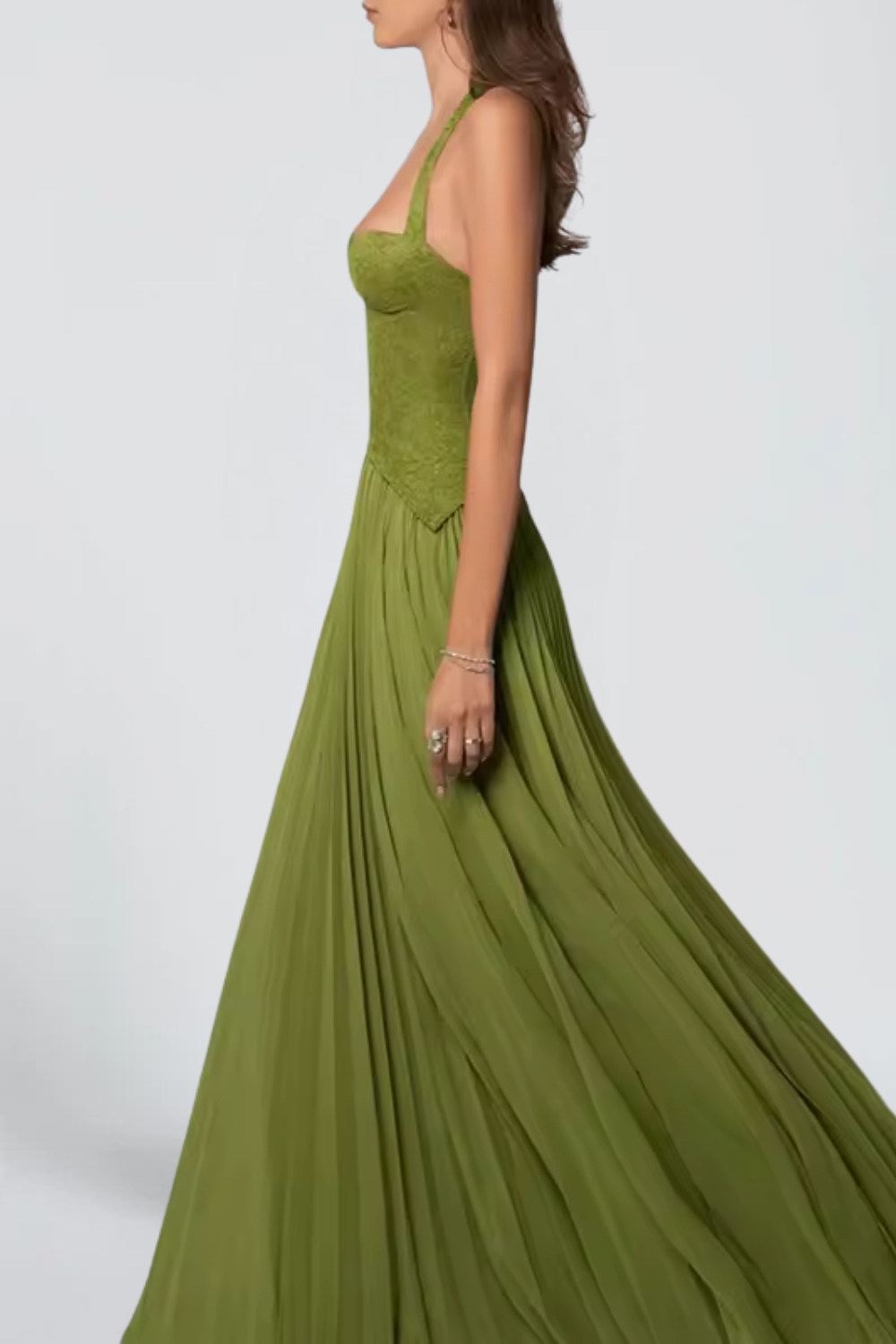 Claire Michel | Halter Corset Maxi Dress – Plunge Neck Pleated Skirt Flowy Evening Gown