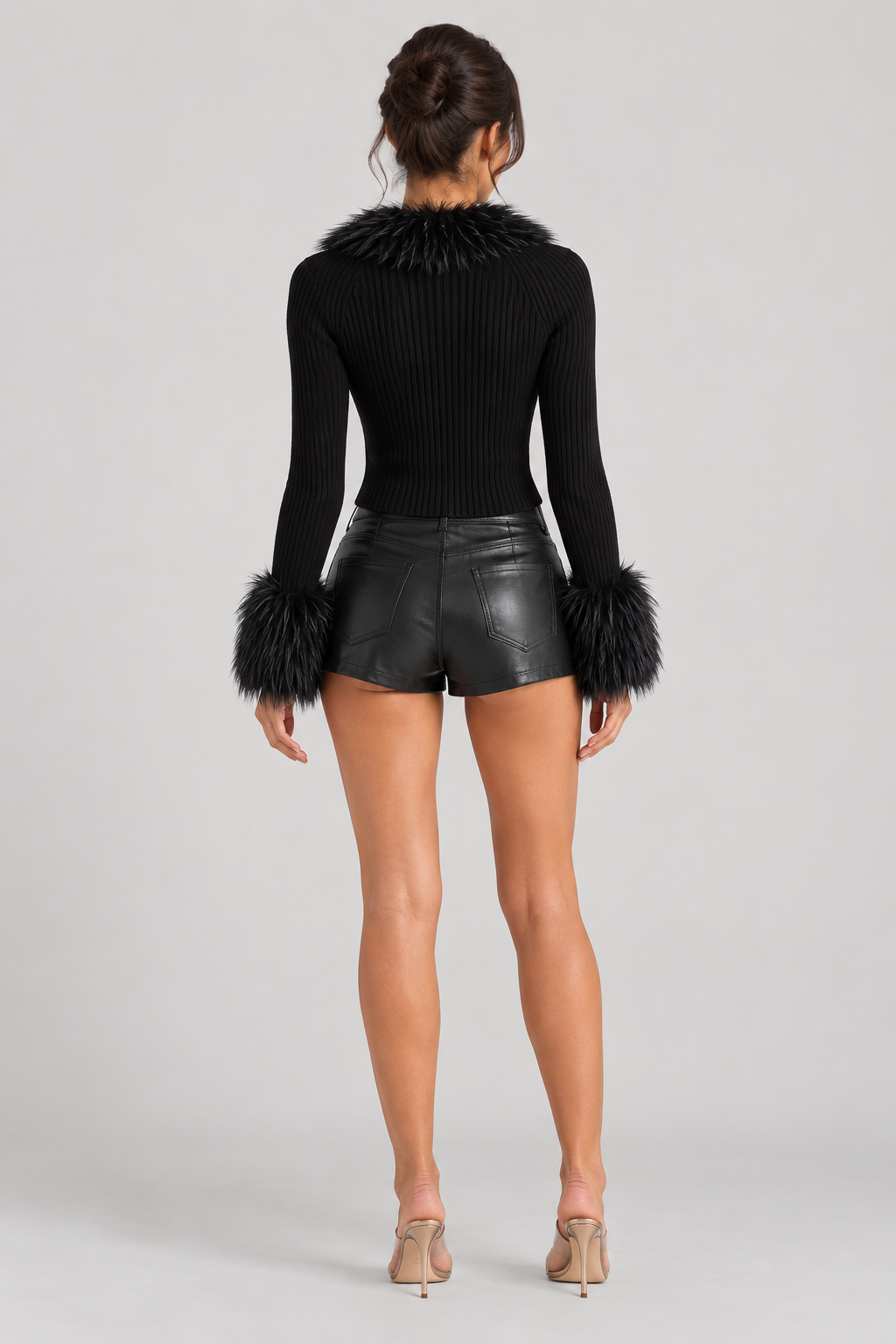 Victoria Gautier | Women's Black Fitted Jacket with Faux Fur Cuffs – Cropped Tie-Front Jacket