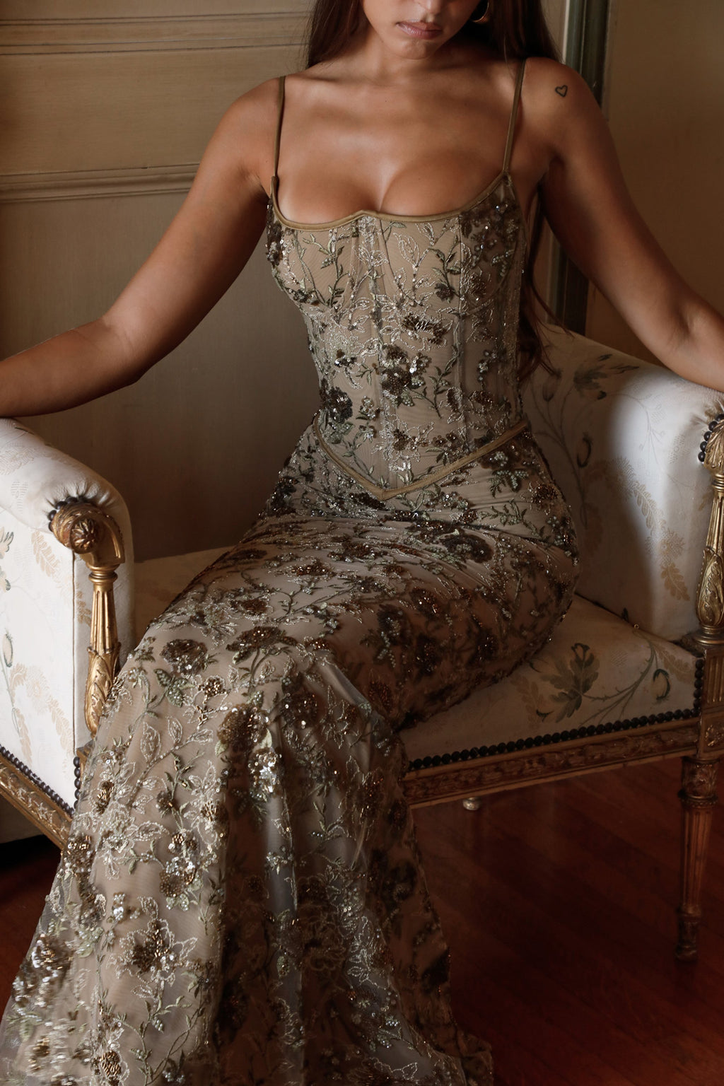 Zoé Dupont | Embroidered Sequin Corset Maxi Dress – Floral Spaghetti Strap Fitted Evening Gown
