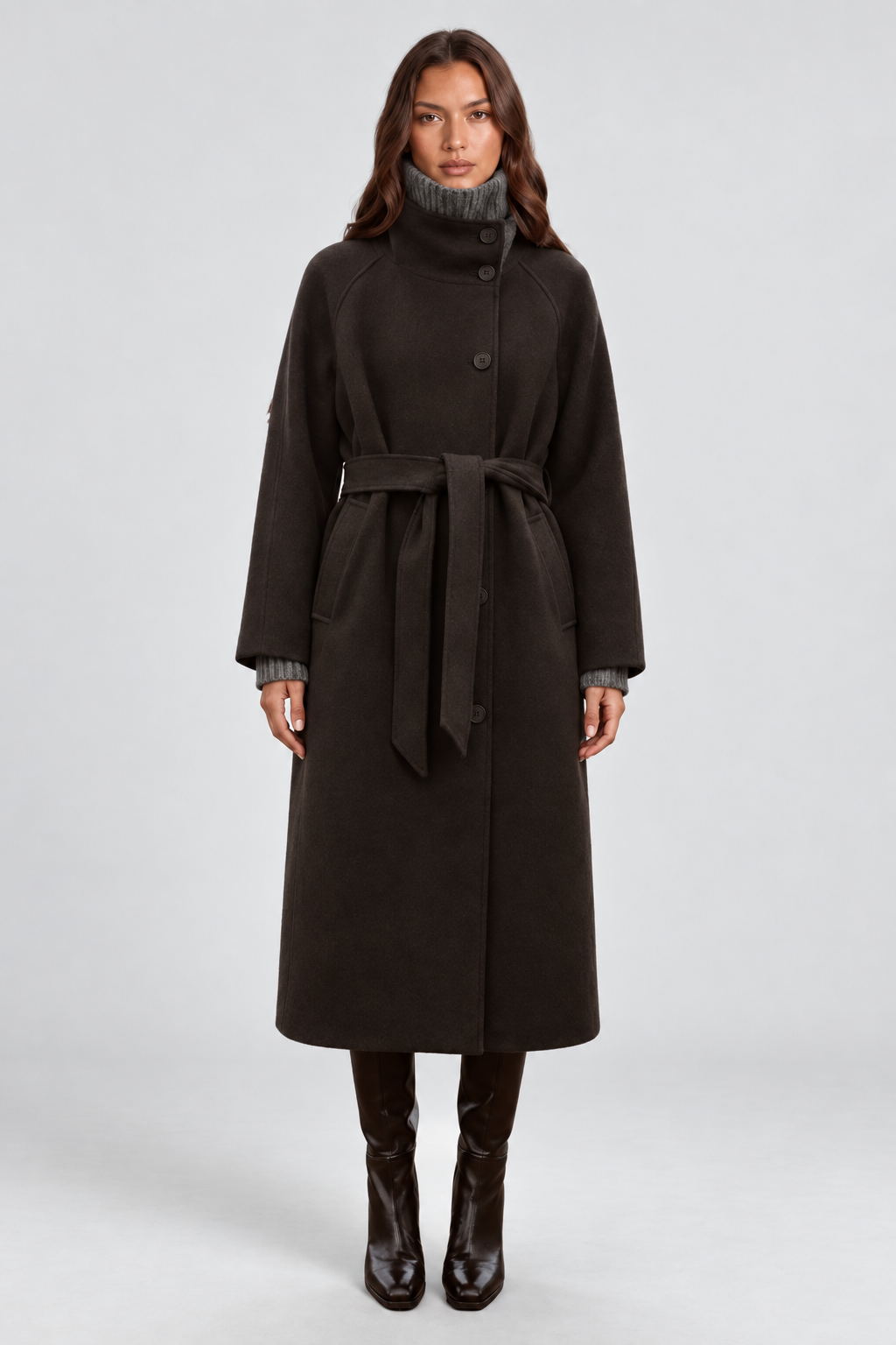 Margaux Dufour | Women's Belted Long Wool Coat – Charcoal Funnel Neck Maxi Coat