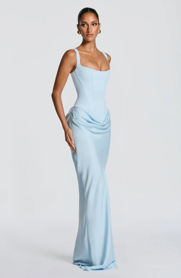 Alice Roux | Corset Bodice Maxi Dress – Wide Strap Draped Hip Fitted Bodycon Evening Gown