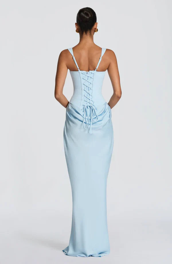 Alice Roux | Corset Bodice Maxi Dress – Wide Strap Draped Hip Fitted Bodycon Evening Gown