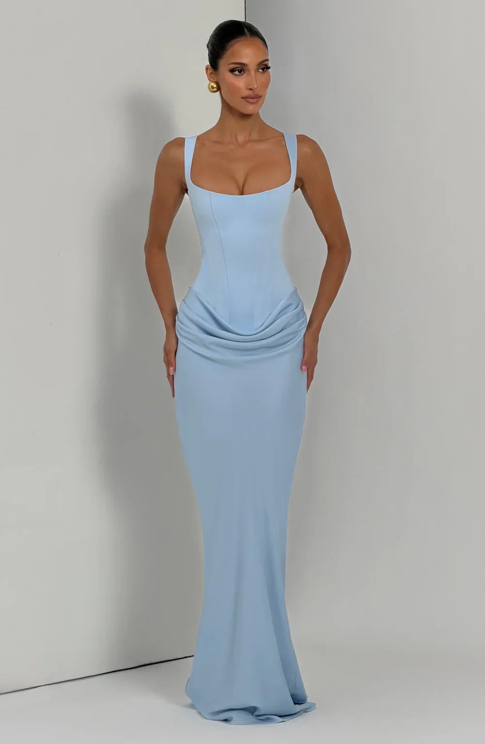 Alice Roux | Corset Bodice Maxi Dress – Wide Strap Draped Hip Fitted Bodycon Evening Gown