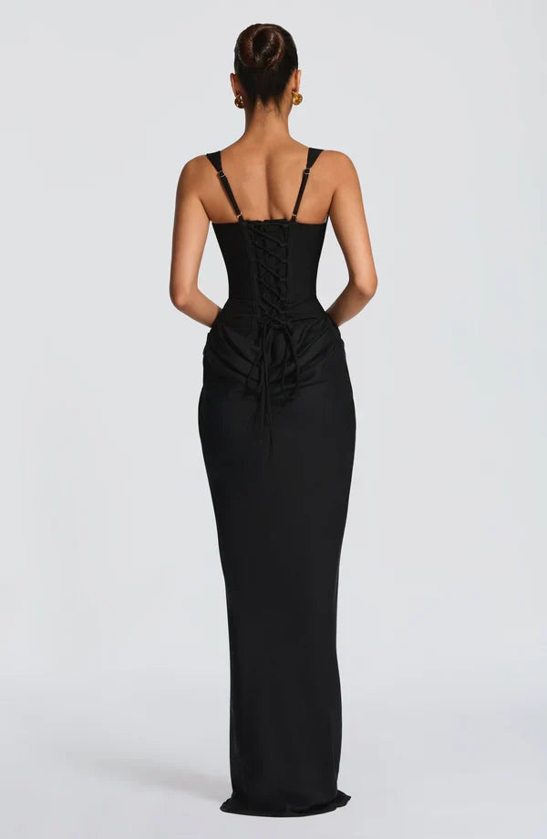 Alice Roux | Corset Bodice Maxi Dress – Wide Strap Draped Hip Fitted Bodycon Evening Gown