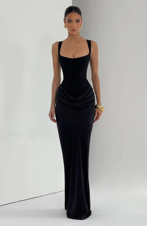 Alice Roux | Corset Bodice Maxi Dress – Wide Strap Draped Hip Fitted Bodycon Evening Gown