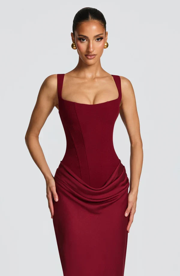 Alice Roux | Corset Bodice Maxi Dress – Wide Strap Draped Hip Fitted Bodycon Evening Gown