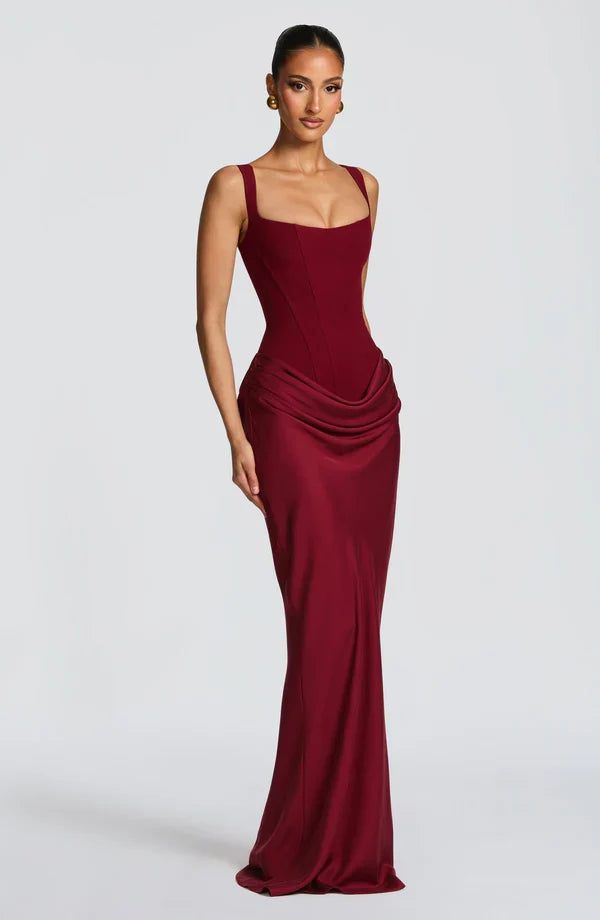 Alice Roux | Corset Bodice Maxi Dress – Wide Strap Draped Hip Fitted Bodycon Evening Gown