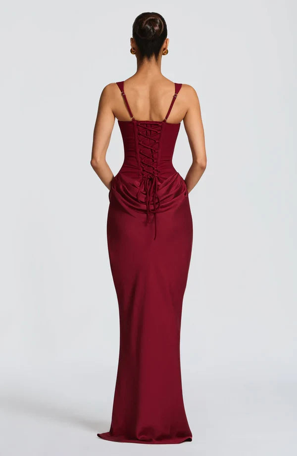 Alice Roux | Corset Bodice Maxi Dress – Wide Strap Draped Hip Fitted Bodycon Evening Gown