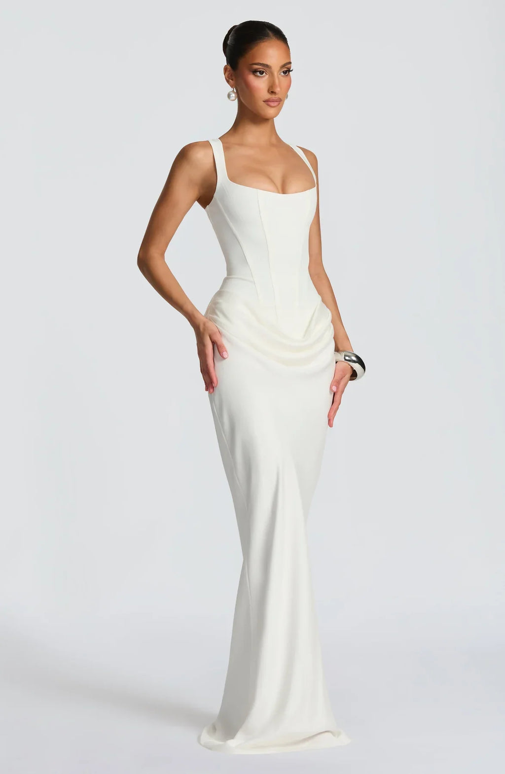 Alice Roux | Corset Bodice Maxi Dress – Wide Strap Draped Hip Fitted Bodycon Evening Gown