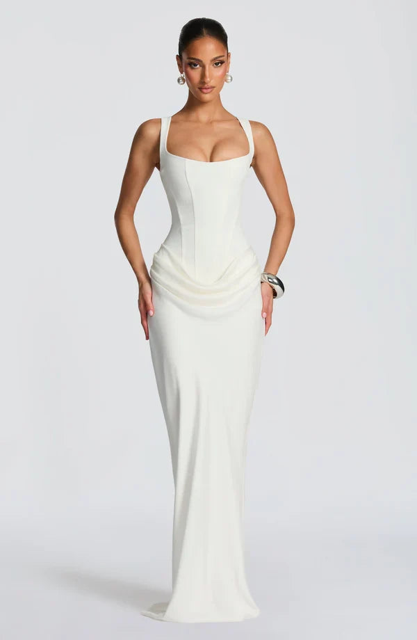 Alice Roux | Corset Bodice Maxi Dress – Wide Strap Draped Hip Fitted Bodycon Evening Gown