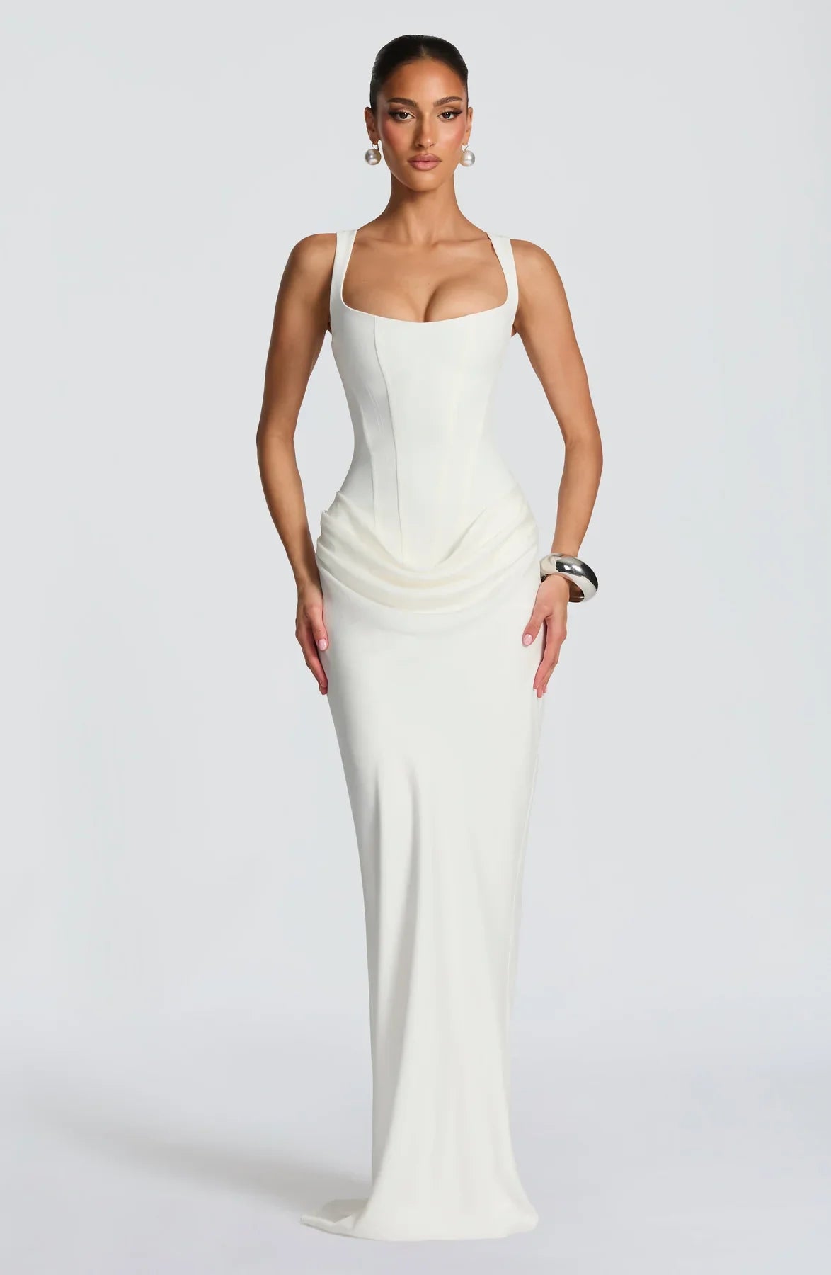 Alice Roux | Corset Bodice Maxi Dress – Wide Strap Draped Hip Fitted Bodycon Evening Gown