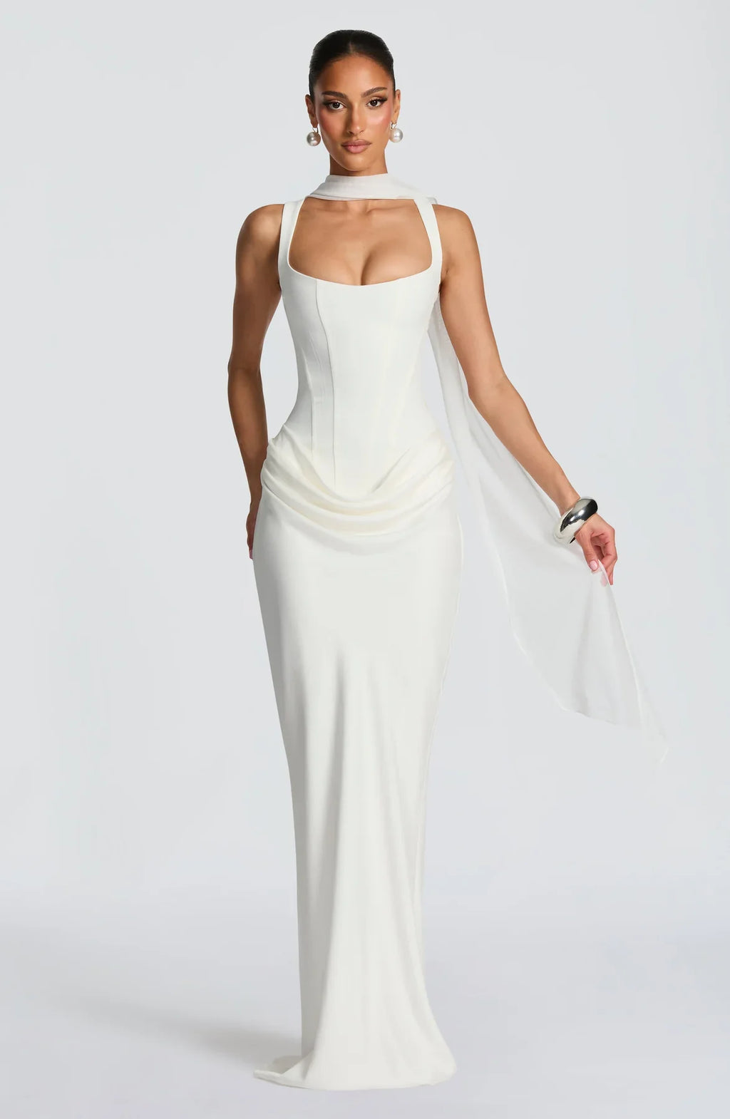 Alice Roux | Corset Bodice Maxi Dress – Wide Strap Draped Hip Fitted Bodycon Evening Gown