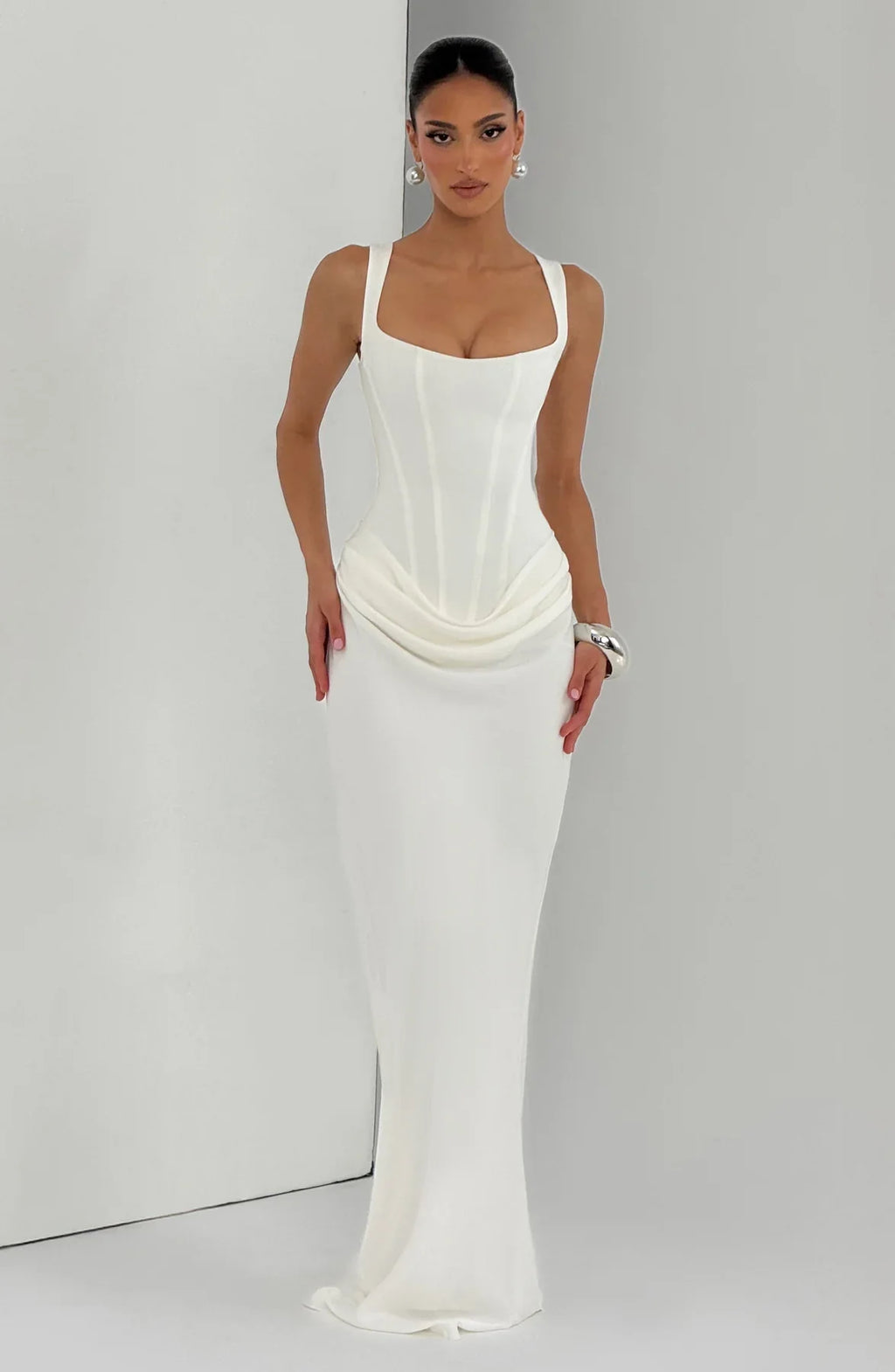Alice Roux | Corset Bodice Maxi Dress – Wide Strap Draped Hip Fitted Bodycon Evening Gown