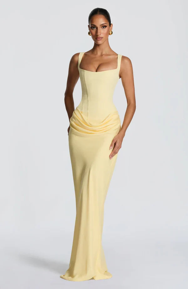 Alice Roux | Corset Bodice Maxi Dress – Wide Strap Draped Hip Fitted Bodycon Evening Gown