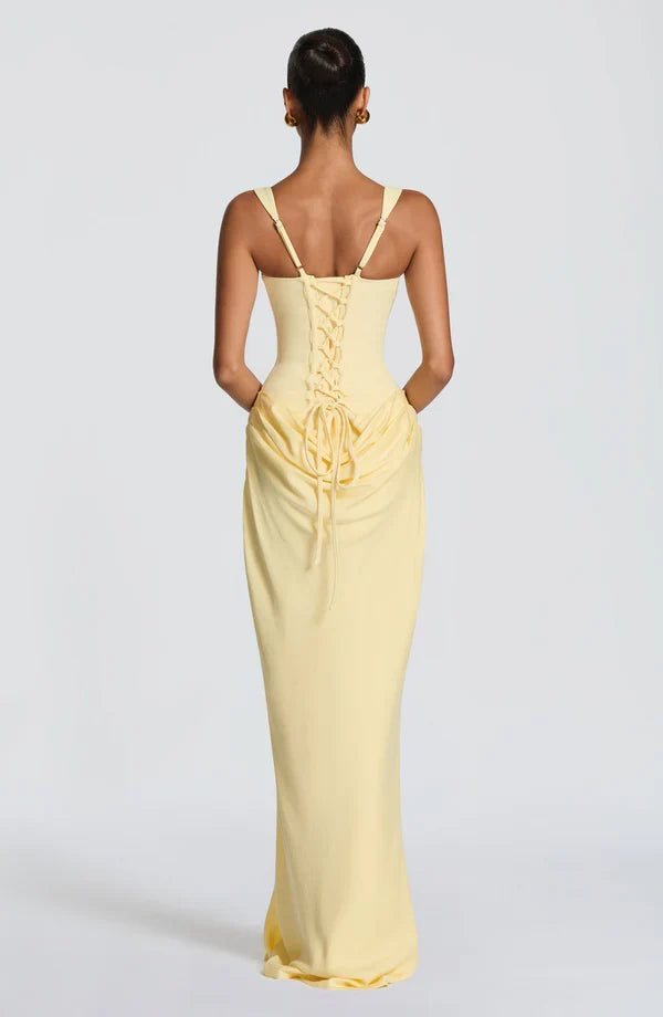 Alice Roux | Corset Bodice Maxi Dress – Wide Strap Draped Hip Fitted Bodycon Evening Gown