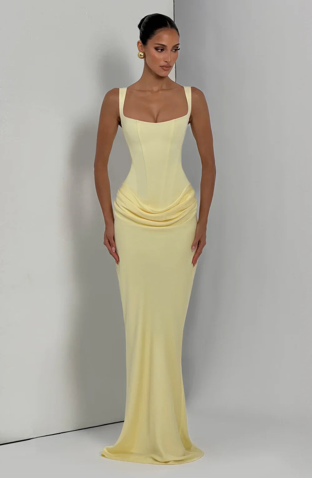 Alice Roux | Corset Bodice Maxi Dress – Wide Strap Draped Hip Fitted Bodycon Evening Gown