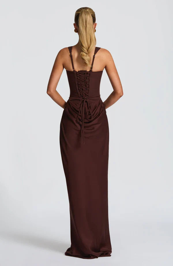Alice Roux | Corset Bodice Maxi Dress – Wide Strap Draped Hip Fitted Bodycon Evening Gown