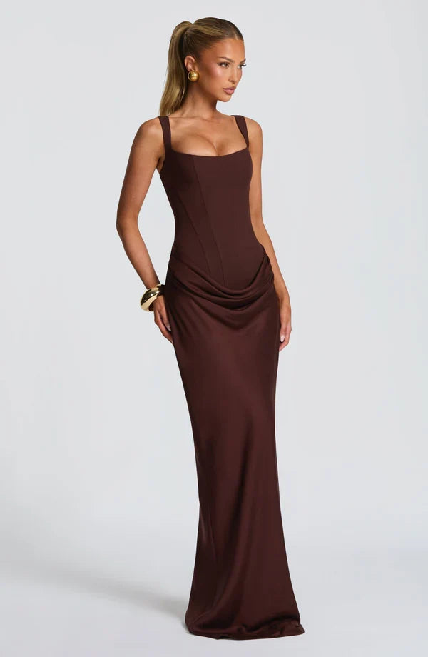 Alice Roux | Corset Bodice Maxi Dress – Wide Strap Draped Hip Fitted Bodycon Evening Gown