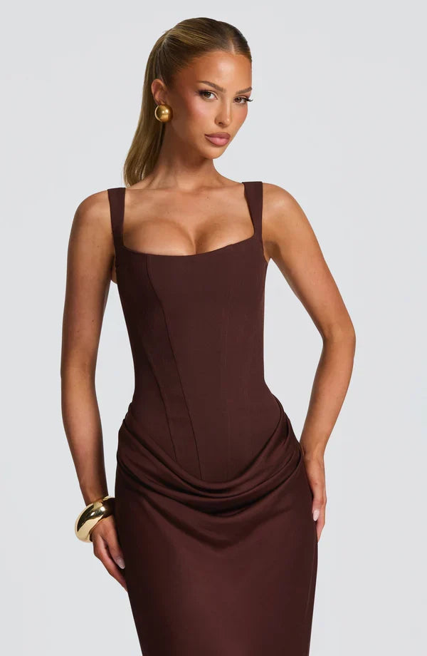 Alice Roux | Corset Bodice Maxi Dress – Wide Strap Draped Hip Fitted Bodycon Evening Gown