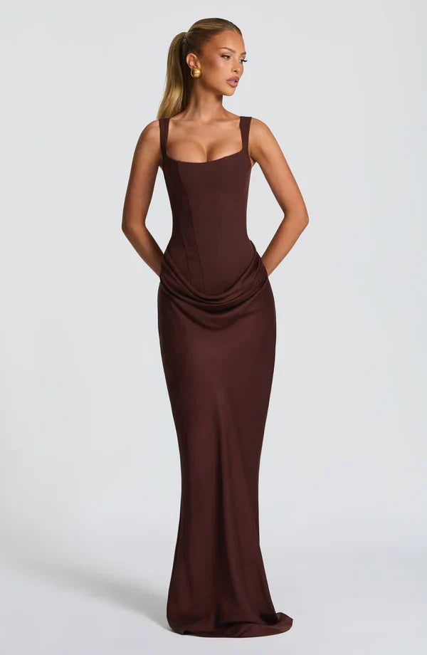 Alice Roux | Corset Bodice Maxi Dress – Wide Strap Draped Hip Fitted Bodycon Evening Gown