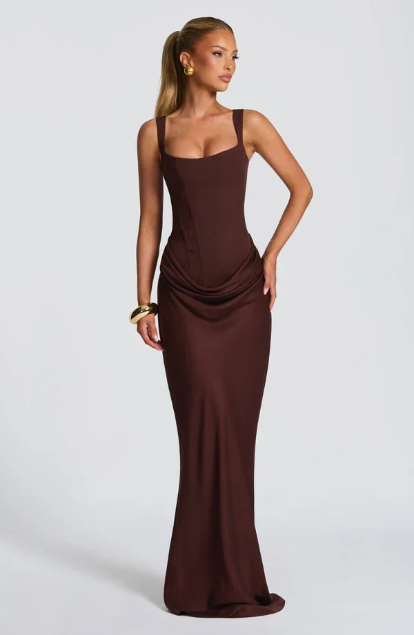 Alice Roux | Corset Bodice Maxi Dress – Wide Strap Draped Hip Fitted Bodycon Evening Gown