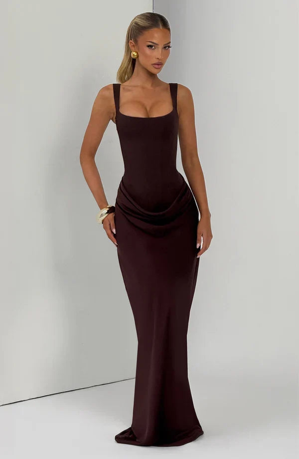 Alice Roux | Corset Bodice Maxi Dress – Wide Strap Draped Hip Fitted Bodycon Evening Gown