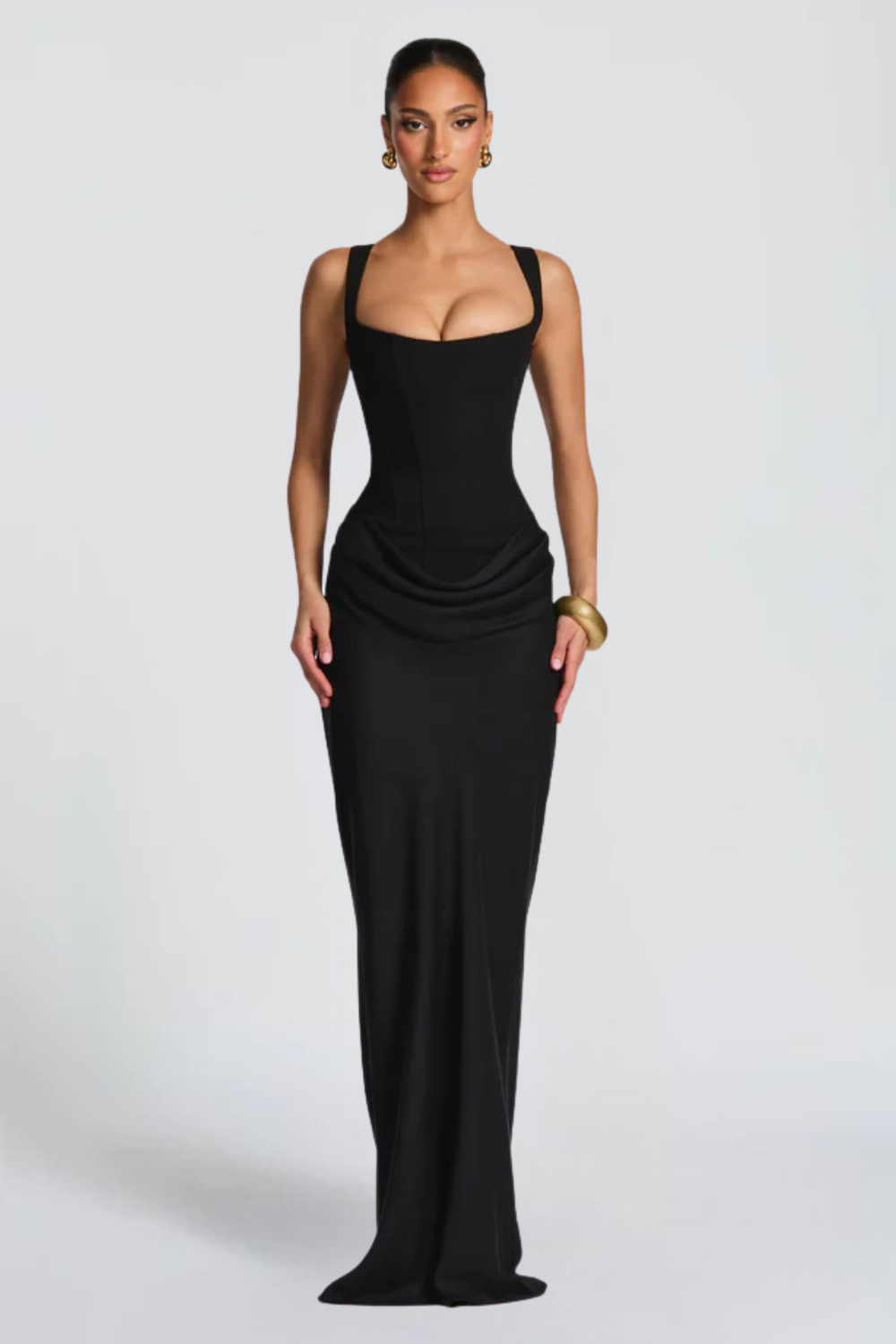 Alice Roux | Corset Bodice Maxi Dress – Wide Strap Draped Hip Fitted Bodycon Evening Gown