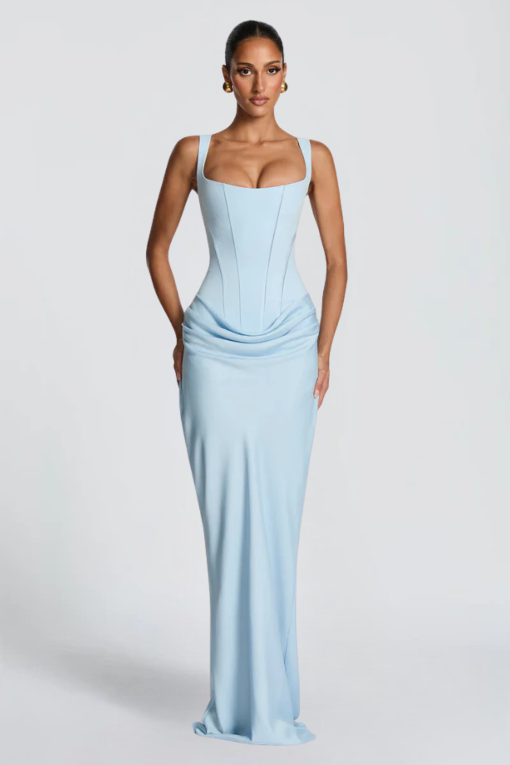 Alice Roux | Corset Bodice Maxi Dress – Wide Strap Draped Hip Fitted Bodycon Evening Gown