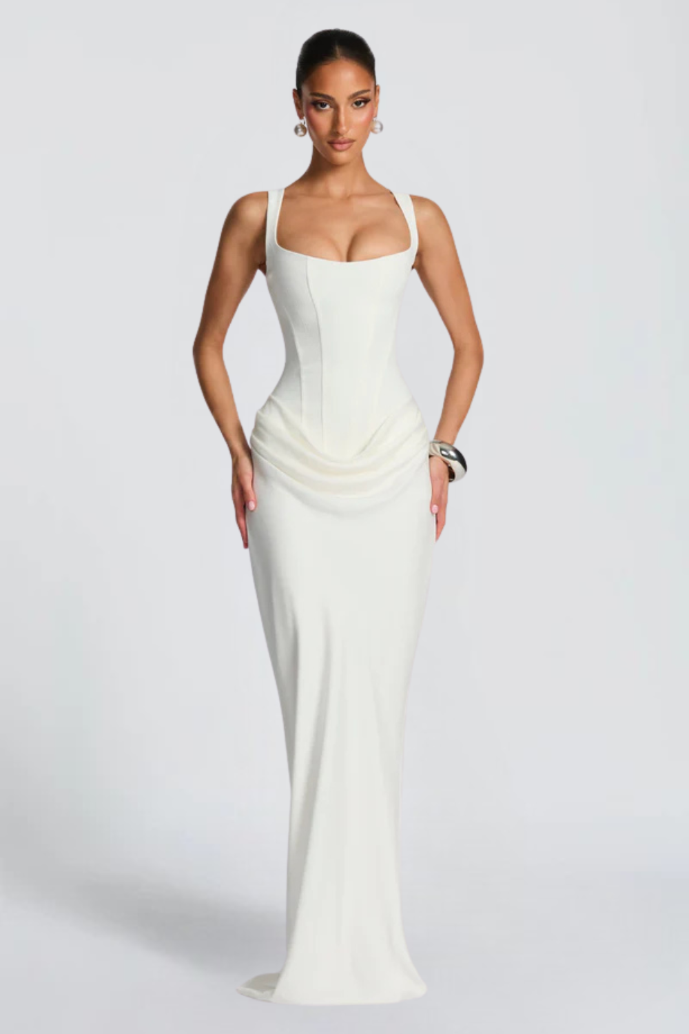 Alice Roux | Corset Bodice Maxi Dress – Wide Strap Draped Hip Fitted Bodycon Evening Gown