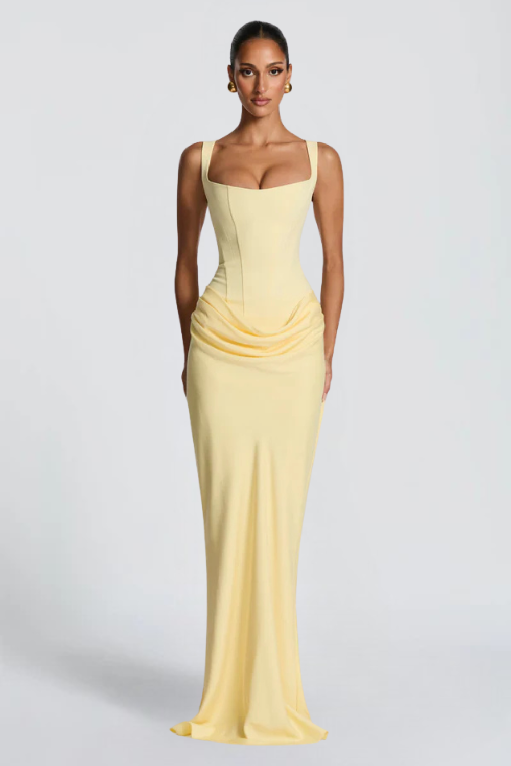 Alice Roux | Corset Bodice Maxi Dress – Wide Strap Draped Hip Fitted Bodycon Evening Gown