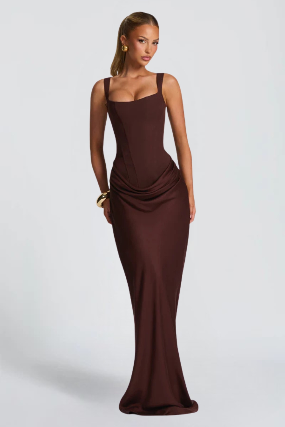 Alice Roux | Corset Bodice Maxi Dress – Wide Strap Draped Hip Fitted Bodycon Evening Gown