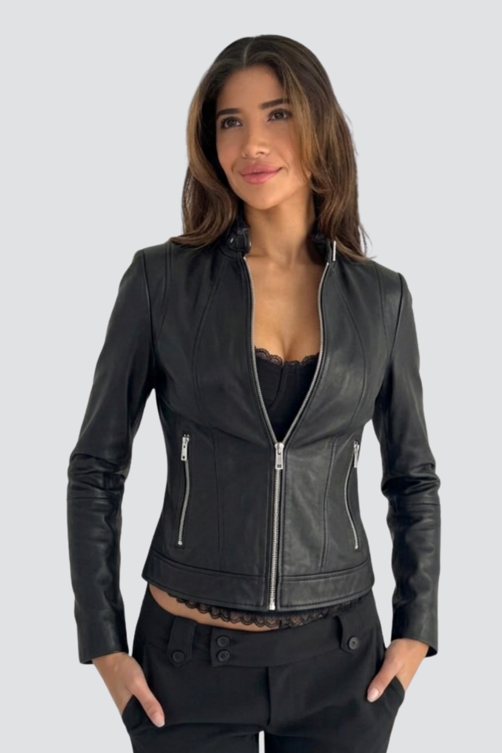 Agnès Rivière | Women's Black Fitted Faux Leather Jacket – Zip-Up Biker Jacket