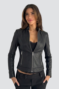 Agnès Rivière | Women's Black Fitted Faux Leather Jacket – Zip-Up Biker Jacket
