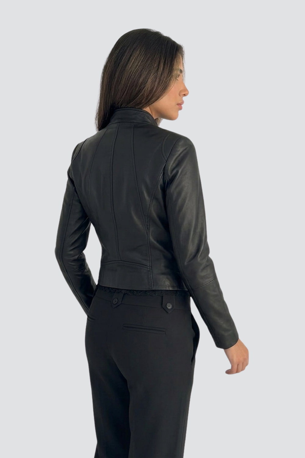 Agnès Rivière | Women's Black Fitted Faux Leather Jacket – Zip-Up Biker Jacket