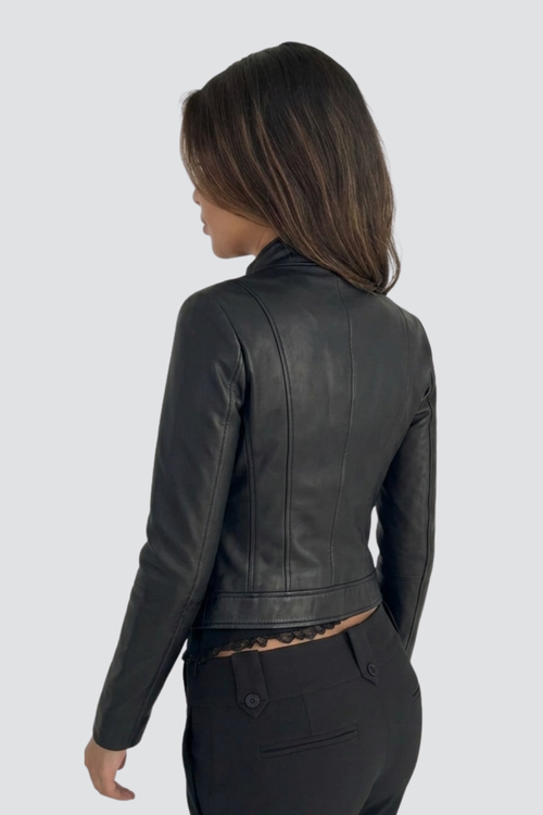Agnès Rivière | Women's Black Fitted Faux Leather Jacket – Zip-Up Biker Jacket